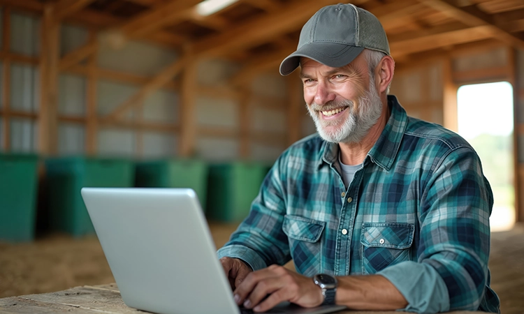 farmer on laptop in barn